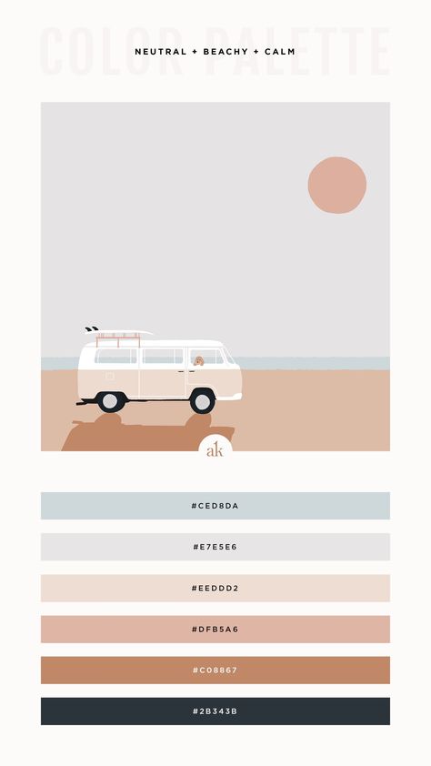 Graphic illustration of a VW bus with a goldendoodle and surfboard on a beach Beach Branding Color Palette, Beach Sunset Color Palette, Beach Sunset Colors Palette, Beach Sunrise Color Palette, Nuetral Pallete Beach, Rad Color, Make A Color Palette, Beachy Color Palette, Canva Codes