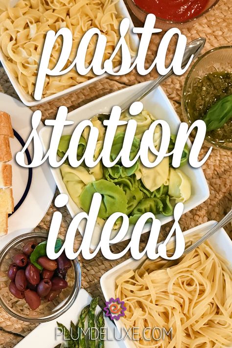 Check out these awesome mix-and-match pasta station ideas for your next pasta party. #pastapartyideas #pastapartybuffet #pastaforrunners Banquet Meals Ideas Food, Italian Food For A Crowd Parties, Pasta Topping Ideas, Pasta Bars For Parties, Pasta Bar Toppings, Pasta Buffet Ideas Parties, Pasta Bar For A Crowd, Pasta Menu Ideas, Pasta Party Ideas Team