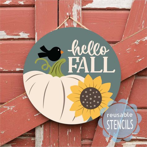 Exclusive deal alert! Sunflower Pumpkin Hello Fall Stencil, available for a limited time at the incredible price of $15.95 #stencil #woodworkingproject #handmadewithlove #craftingaddict #woodencreations #Wallcutz #lasercutwood #DIYgiftideas #designyourcraft #personalizedcrafts Crow Perched, Pretty Door, Diy Fall Ideas, Sunflower Pumpkin, Stencil Design, Black Crow, Custom Stencils, Winter Wood, Gnomes Crafts