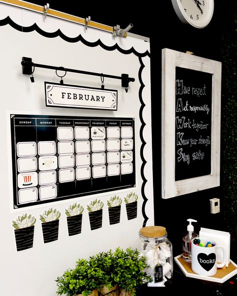 Black and White Classroom Décor Themes | Carson Dellosa Education First Day Of School Tips, Black And White Bulletin Board, Modern Farmhouse Classroom, Black And White Classroom, White Classroom, Plants Classroom, Neutral Classroom Decor, Classroom Decor Middle, Middle School Classroom Decor