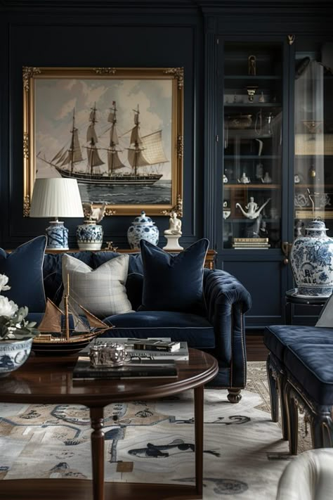 Living Room Navy Accents, Stairwell Inspiration, Art Deco Living Room Ideas, Art Deco Living, Navy Living Rooms, Deco Living Room, Deco Living, Art Deco Living Room, Blue Living Room Decor