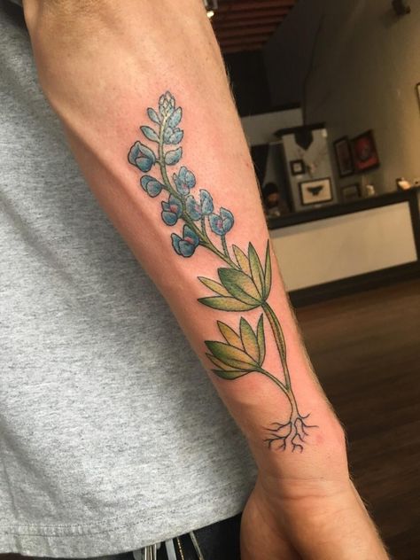 Blue Lupin (Texas Blue Bonnet) for my grandmother done in Cambridge MA by bob of what is now a closed down shop and renamed Boston Tattoo Company Bluebonnet Tattoo Men, Granny Tattoo, Lupin Tattoo, Blue Bonnet Tattoo, Lupine Tattoo, Bluebonnet Tattoo, Nerd Tattoos, Boston Tattoo, Tattoo Mistakes