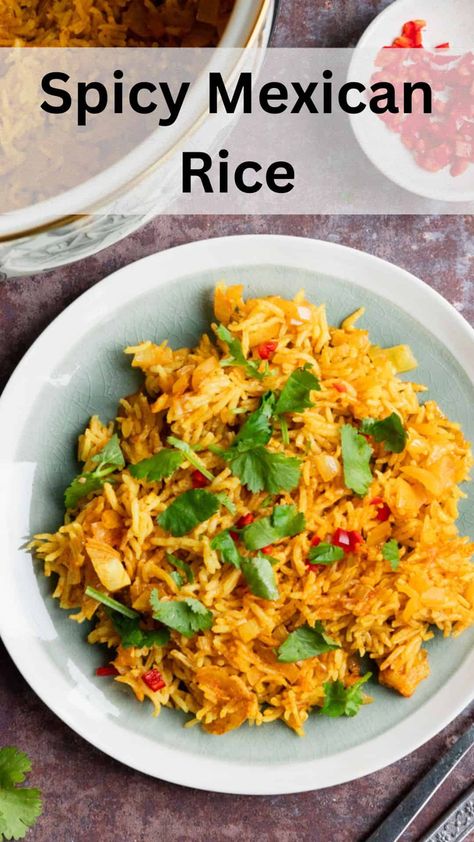 This spicy Mexican rice makes a brilliant side dish to go with all kinds of Mexican and Tex Mex inspired meals. It's also very similar to Nandos spicy rice. Serve it with chilli con carne, grilled meats or in a burrito. It's deliciously spicy and so much tastier than plain rice. Nandos Spicy Rice, Spicy Mexican Rice, Spicy Doritos, Pumpkin And Ginger Soup, Recipes Using Rice, Sweet Potato Fritters, Cheesy Rice, Plain Rice, Potato Fritters