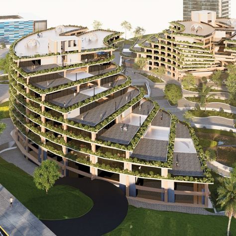 Green Nomad: a visionary co-living & co-working space in Singapore that seamlessly blends nature, technology, and community. This innovative design features lush landscaping, passive design strategies for optimal comfort & sustainability, and a striking cantilevered structure. Residents enjoy tranquil outdoor spaces, collaborative work areas, and a strong sense of community. It's a model for future urban living that prioritizes well-being and environmental responsibility. #coliving #cowor... Outdoor Community Space, Passive Design Strategies, Nature Technology, Lush Landscaping, Design Strategies, Co Living, Co Working Space, Passive Design, Community Space