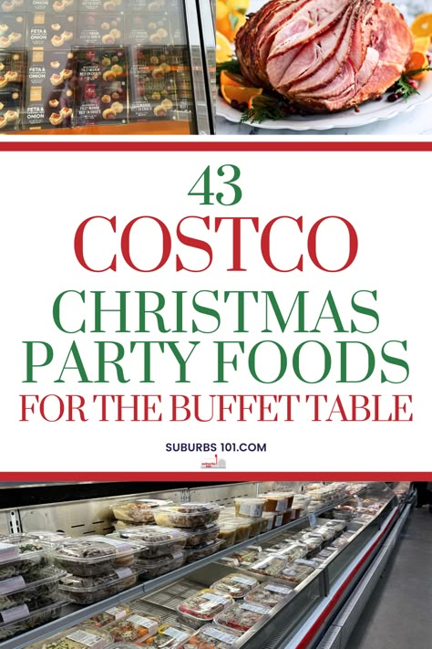 Planning your Christmas party menu? Go to Costco for easy Christmas appetizers, Christmas sides, and desserts. From Christmas potluck buffet to a large Christmas buffet, these Christmas party snacks, Christmas finger foods, and Christmas side dishes are perfect for any holiday party. Make entertaining simple and delicious this season!  Add these easy Christmas party food ideas to your Costco shopping list-it will feed Christmas dinner for a crowd! Christmas Work Party Buffet, Food To Take To A Christmas Party, Holiday Buffet Ideas Christmas, Family Christmas Party Menu Ideas, Large Christmas Party Food Ideas, Christmas Office Food Ideas, Food For A Christmas Party, Costco Food For Party, Holiday Food Ideas Christmas Party