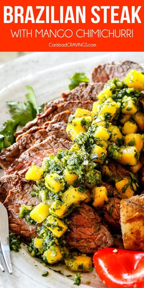 Mango Chimichurri Sauce, Chimichurri Recipe Steak, Brazilian Barbecue, Barbecue Marinade, Gf Dinners, Brazilian Steak, Chimichurri Steak, Simple Marinade, Cravings Recipes