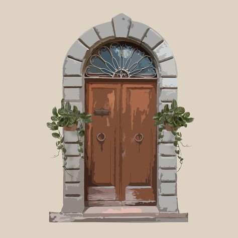 Entrance Illustration, Door Clipart, Church Illustration, Italian Doors, Arch Door, Dark Doors, Door Thresholds, Wooden French Doors, Shop Doors