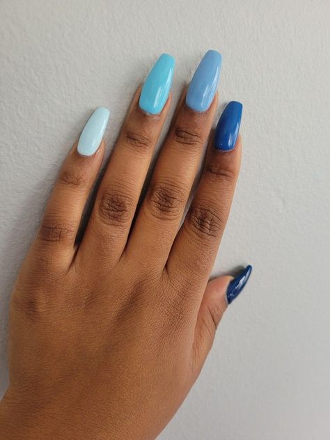 Nails. Blue Palette Nails, Alternating Blue Nails, 2 Shades Of Blue Nails, Dark Blue Gradient Nails, Gradient Color Nails, Different Shade Of Blue Nails, Multiple Shades Of Blue Nails, Monochromatic Blue Nails, 5 Shades Of Blue Nails