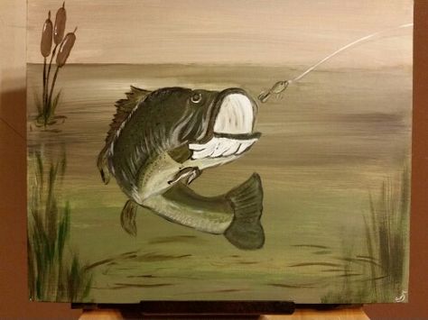 "Lured" 16" x 20" canvas panel bass fish painting Bass Painting Easy, Bass Fish Painting Acrylic Easy, Manly Painting Ideas, Bass Fish Painting, Bass Painting, Fish Canvas Painting, Fishing Painting, Wood Painting Art, Canvas Art Projects