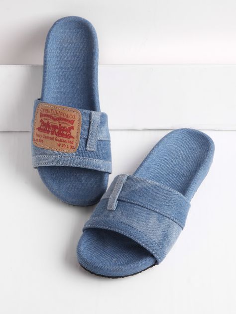 Shop Patch Detail Denim Flat Slippers online. SheIn offers Patch Detail Denim Flat Slippers & more to fit your fashionable needs. Denim Slippers, Denim Slides, Slides Outfit, Wide Sandals, Diy Sandals, Denim Flats, Denim Crafts Diy, Diy Slippers, Denim Sandals