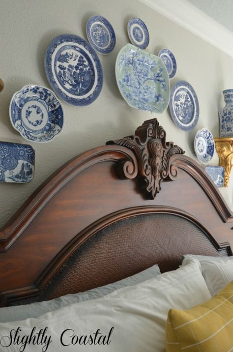 Chinoiserie blue and white willow plates above master bed Blue And White Plate Wall, Hang Plates On Wall, Plates On A Wall, Blue And White Bedrooms, Plates On Walls, Hang Plates, Decorating With Plates, Plate Walls, Plates On The Wall