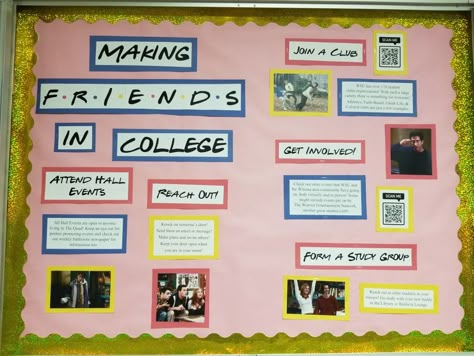 #RA #reslife #Friends #college #bulletinboard Ra Bulletin Board Ideas Welcome College, Friends Door Decs, Friends Themed Door Decs, Ra Poster Ideas, Friends Floor Theme Ra, Ra Program Ideas Activities, Making Friends In College, College Bulletin Board, Ra Bulletin Boards Roommate Conflict