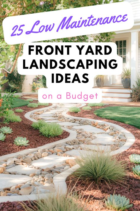 Low Maintenance Front Yard Landscaping Ideas on a Budget Diy Low Maintenance Landscaping, Front Yard Landscaping Diy On A Budget, Front Rock Landscaping Ideas, Simple Front Yard Landscape, Front Yard No Grass Landscaping Ideas, Front Deck Landscaping Ideas, Mulch And Rocks Landscaping Ideas, No Maintenance Front Yard, Landscape Without Plants