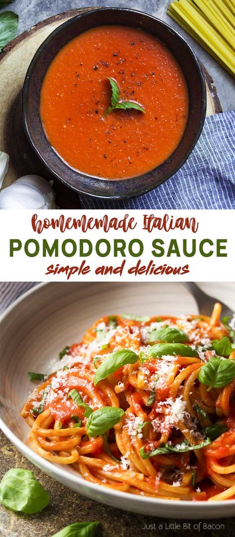 Learn how to make the best traditional Italian pomodoro sauce with canned tomatoes! This homemade tomato sauce is simple to prepare with authentic flavor. Perfect for pasta or as the base in many Mediterranean recipes. | justalittlebitofbacon.com #italianrecipes #italian #tomatorecipes #tomatoes #tomatosauce Pomodoro Sauce Recipe Italy, Homemade Italian Dishes, Traditional Tomato Sauce, Homemade Tomato Sauce For Lasagna, Homemade Authentic Italian Pasta Sauce, Italian Pomodoro Sauce, Traditional Pasta Sauce, Spicy Pomodoro Sauce, Best Pomodoro Sauce