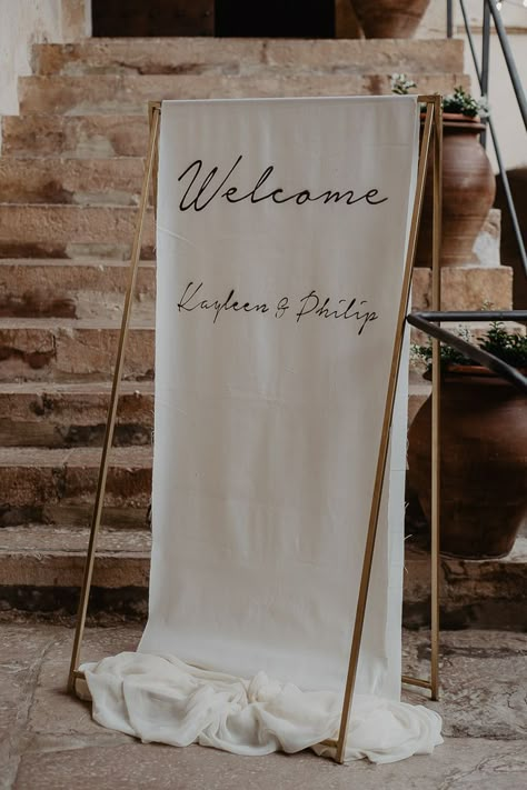 Wedding Welcome Sign Alternative, Wedding Welcome Sign Canvas, Canvas Wedding Welcome Sign, Different Wedding Signs, Canvas Welcome Sign Wedding, Fabric Signs Wedding, Framed Welcome Sign Wedding, Fabric Signage Wedding, Diy Linen Wedding Sign