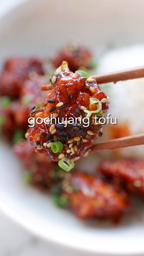 Made gochujang tofu for the 1000th time yesterday and thought she needed a proper Reel. 😌 (Last version was cut down from my YüTüb video and did not do her justice lol.) Try it out if you’re craving something savory and spicy! I make it when I want something takeout-y but I’m trying to save $$$ and it always hits. Recipe: https://sarahsvegankitchen.com/recipes/gochujang-tofu/ #veganfood #veganrecipes #veganchef #tofu #tofurecipes #gochujang #betterthantakeout | Sarah's Vegan Kitchen | Sarah's Tofu Korean, Gochujang Tofu, Gochujang Sauce, Crispy Tofu, Baked Tofu, Vegan Kitchen, Health Dinner Recipes, Delicious Snacks Recipes, Favorite Meals