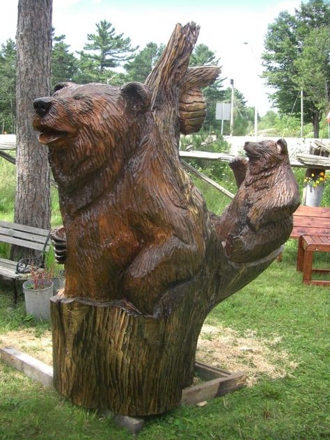 Wood carvings and tree sculptures by Jim Menken of Orangeville Ontario. See bears and more of his portfolio here. Chainsaw Carving Patterns, Art Sculpture En Bois, Chainsaw Wood Carving, Bear Statue, Bear Sculptures, Wooden Bear, Bear Carving, Tree Carving, Chainsaw Carving