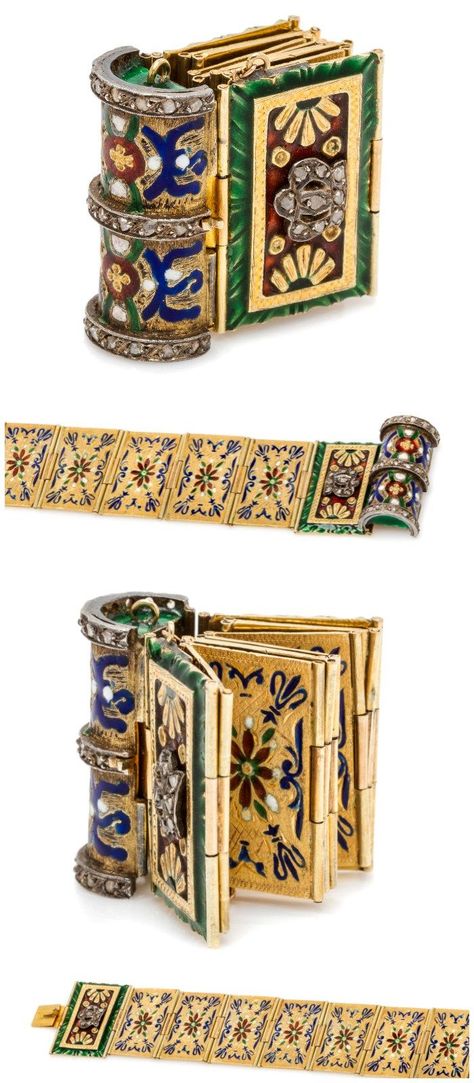 A Victorian yellow gold, silver, diamond and enamel folding book bracelet, circa 1860. Book Bracelets, Book Bracelet, Victorian Accessories, Victorian Bracelet, Book Jewelry, Victorian Jewelry, Vintage Jewels, Sapphire Jewelry, Enamel Jewelry