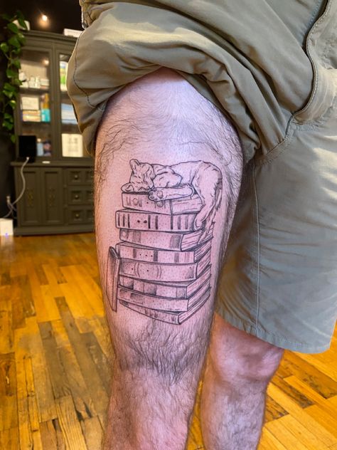 Book Tattoo With Cat, Bookcase Tattoo, Cat On A Book Tattoo, Cat On Stack Of Books Tattoo, Cat On Books Tattoo, Cat Book Tattoo, Cats Books And Coffee Tattoo, Cat And Book Tattoo, Stack Of Books Tattoo