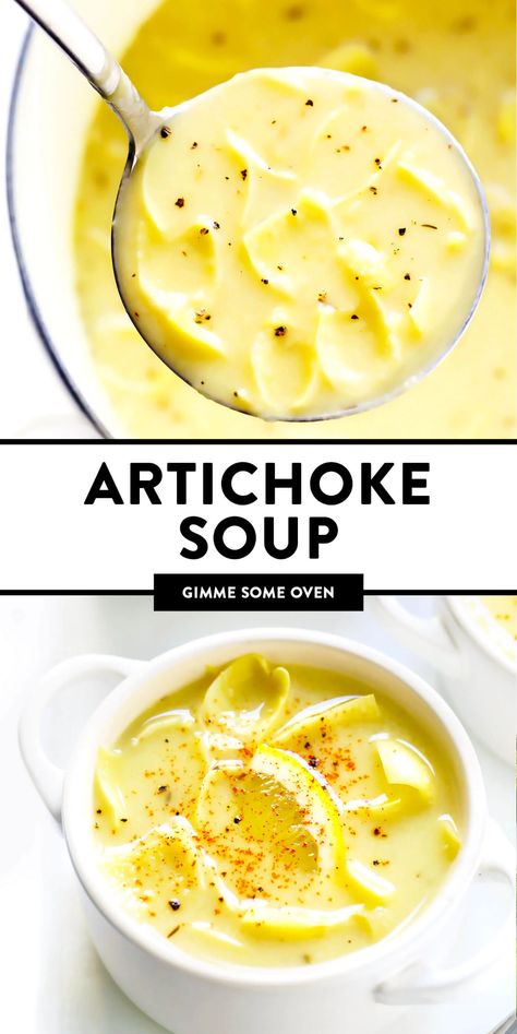 This lovely Lemony Artichoke Soup recipe is easy to make in just 30 minutes, it calls for simple pantry ingredients, and it's a beautiful and delicious dinner recipe that everyone is sure to love! Gluten-free and vegan options included. | gimmesomeoven.com #artichoke #soup #lemon #glutenfree #vegetarian #vegan #french #dinner Lemon Artichoke Soup, Lemony Tuscan Artichoke Soup, Baked Artichoke Recipes, Vegan Artichoke Recipes, Spinach Artichoke Soup, Meal Alternatives, Autumn Moodboard, Cold Soups, French Dinner