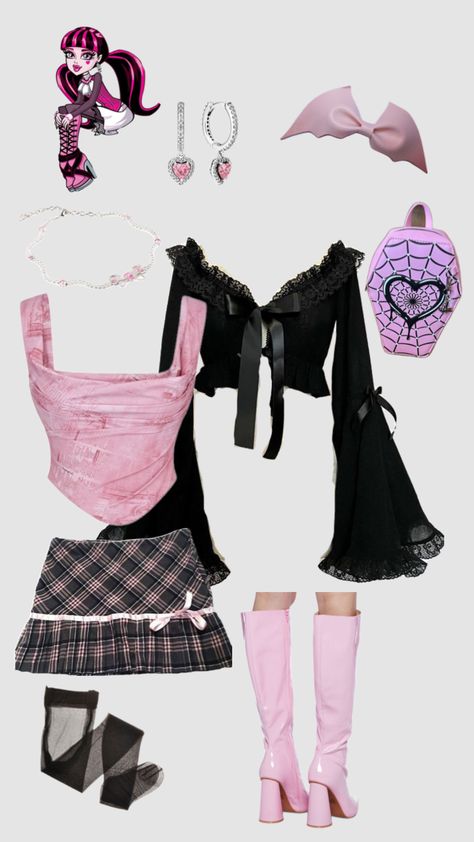 #pink #monsterhigh #draculaura #outfitinspo Draculaura Halloween Costume, Draculaura Aesthetic Outfit, Pink And Black Goth, Draculaura Costume, Monster High Halloween Costumes, Monster High Costume, Monster High Clothes, Pastel Goth Outfits, Alt Outfits