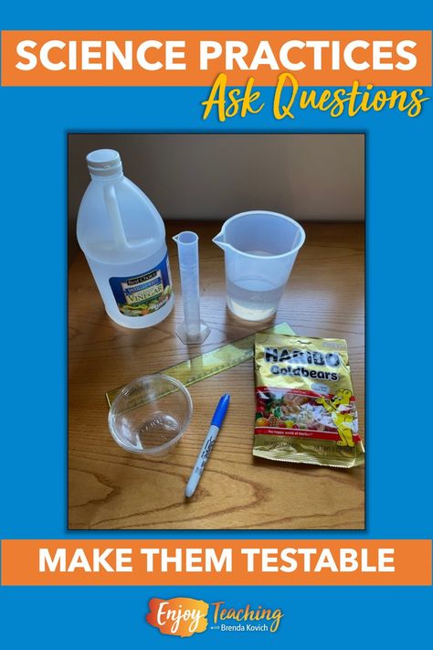 Kids in fourth and fifth grades need to understand elements of a testable question. In this experiment, they will ask a scientific question about gummy bears, water, and vinegar. Read more at Enjoy Teaching. Gummy Bear Experiment, Fifth Grade Science, Measuring Volume, Question Stems, Fourth Grade Science, Science Kids, Scientific Investigation, Science Questions, Third Grade Science