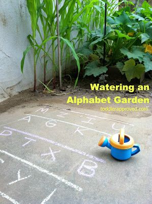 Watering an "Alphabet Garden" - Toddler Approved Preschool Garden, Grandparenting, Theme Nature, Preschool Literacy, Letter Activities, Tot School, Outdoor Learning, Preschool Lessons, Toddler Fun