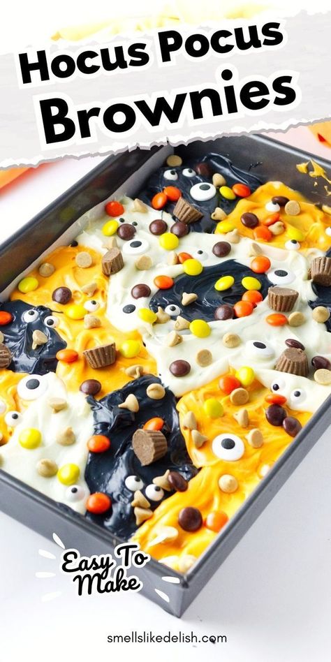 These Hocus Pocus Brownies are the perfect Halloween treat for any  fan of the classic Disney movie. They're simple to make and will really  wow your kids or guests.  Best of all, you can use your favorite box brownie mix, or your favorite 'from scratch' brownie recipe! Hocus Pocus Brownies, Decorated Brownies, Halloween Snack Mix, Halloween Brownies, Kid Approved Meals, Box Brownies, Decadent Chocolate Cake, Sprinkle Cookies, Reeses Peanut Butter Cups