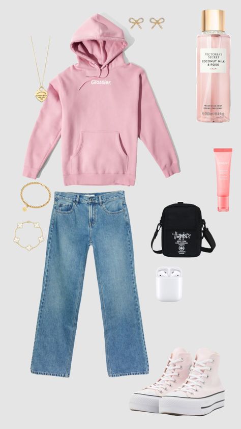 #outfitinspo #beauty #glossier #pink #tiffanyandco #converse Light Pink Hoodie Outfit, Pink Converse Outfit, Glossier Hoodie, Pink Hoodie Outfit, Light Pink Hoodie, Light Blue Hoodie, Converse Outfits, Outfits Matching, Glossier Pink