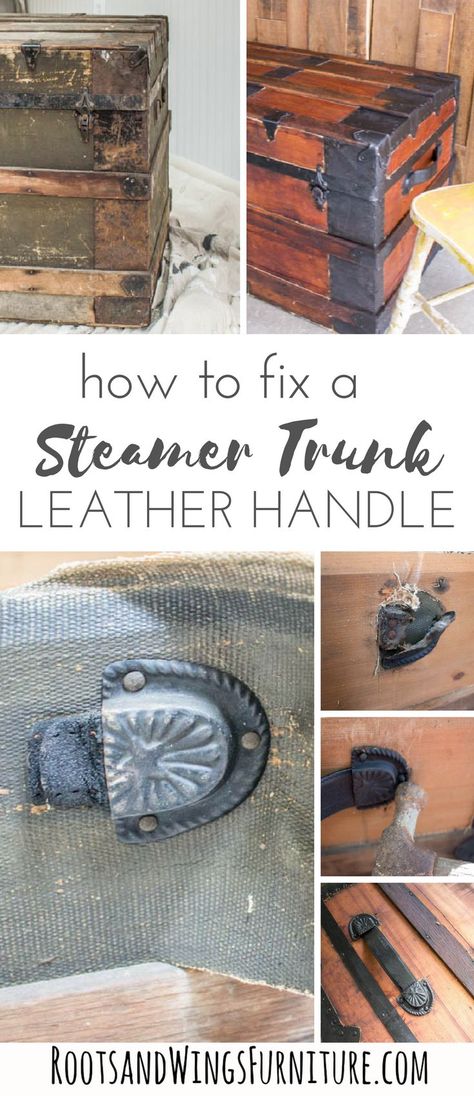 Vintage steamer trunks have so much character and charm, but they aren't very functional with a broken handle.  Learn how to properly replace a leather handle. #diy #furniture #repair Painted Steamer Trunk Ideas, Vintage Steamer Trunk Makeover, Painted Steamer Trunk, Vintage Trunk Ideas, Painted Trunks Ideas, Decorating With Trunks, Steamer Trunk Ideas, Furniture Restoration Ideas, Trunk Upcycle