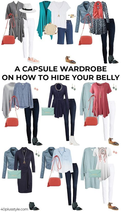 Apple Body Shape Fashion, Apple Body Shape Outfits, Belly Clothes, Plus Size Capsule Wardrobe, Apple Shape Outfits, Capsule Wardrobe Women, Fashion Capsule Wardrobe, Over 60 Fashion, Essentials List