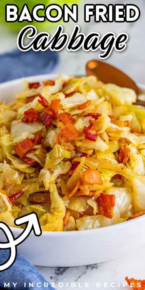 This bacon fried cabbage is just what you’ve been craving. If you are looking for the perfect side dish recipe, this is it! Packed full of incredible flavor and thick cut bacon , it is sure to be a hit with everyone. It's so simple to make and loaded with flavor. This bacon fried cabbage makes the perfect side dish you can pair with your favorite meat. Try this amazing bacon fried cabbage today! Fried Cabbage Recipe, Fried Cabbage Recipes, Bacon Fried Cabbage, Bacon Fries, Easy Bacon, Cabbage And Bacon, Cooked Cabbage, Thick Cut Bacon, Best Bacon