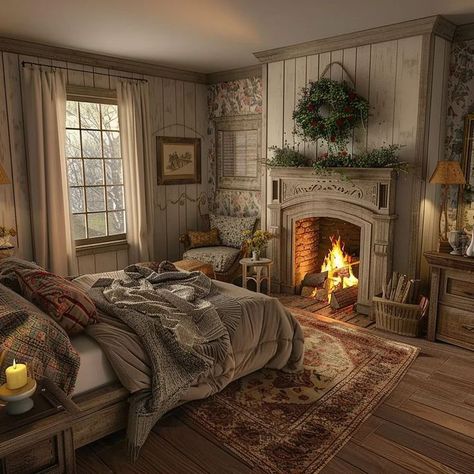 Fireplace Cozy, Cozy Bedroom Ideas, Cottage Bedroom, Cottage Interiors, Dream House Rooms, Dream House Interior, House Room, Humble Abode, Cozy Room