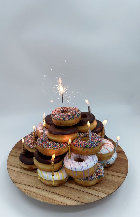 Donut Brunch Party, Donuts On Cake Stand, Donut Stacked Cake, Mini Donut Birthday Cake Tower, Custom Donuts For Birthday, Cake Made Of Donuts Birthday, Half Donut Cake, Party Donut Display, Donught Cake