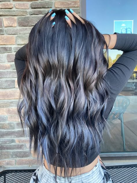 Steel Blue Balayage, Blue Bayalage Dark Hair, Blue Baylage Hair Dark, Grey Blue Highlights, Dark Blue Balayage Hair, Underneath Highlights For Dark Hair, Blue And Grey Hair, Gray Blue Hair, Grey Blue Hair