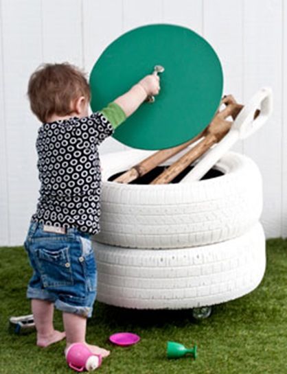 tires for outdoor toys Tyre Playground, Playground Layout, Outdoor Toy Storage, Reuse Old Tires, Tire Storage, Diy Toy Storage, Upcycle Garden, Tyres Recycle, Úložný Box