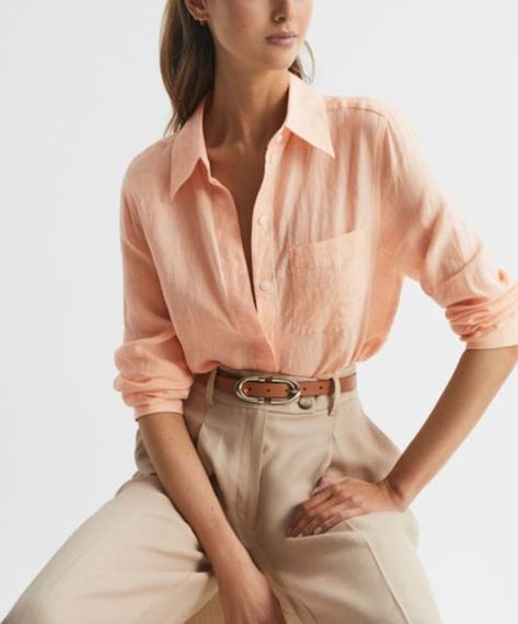 peach fuzz linen shirt Orange Shirts Women, Linen Shirt Style Women, Coral Color Outfits, Peach Color Clothes, Peach Colour Outfit, Peach Shirt Outfit For Women, Orange Linen Shirt Outfit, Peach Trousers Outfits, Peach Outfits For Women