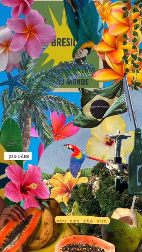 Brazil Tropical Aesthetic, Brazil Mood Board, Bright Tropical Aesthetic, Tropicalia Art, Brazil Core, Picasso Blue, Brazil Culture, Travel Infographic, Rio Brazil