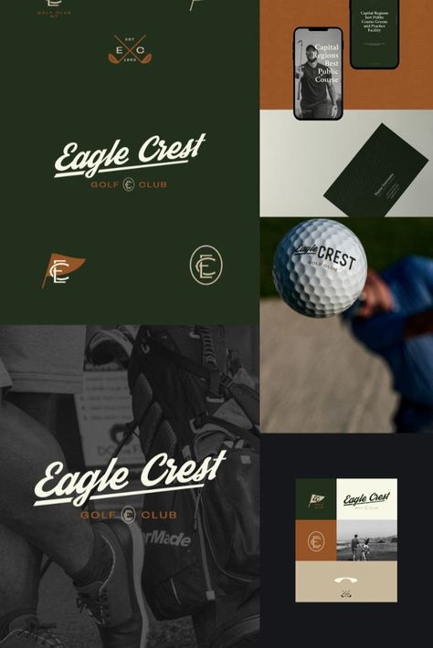 Brand identity design for Eagle Crest, a one-of-a-kind golfing experience company that also provides social opportunities through live entertainment, event space, and golf simulators with tavern access. To achieve our project goals in positioning the client as the leading public golf course and social club in the NY state, I designed a brand identity that was rich with modern and stylish visuals that helped reinforce the professional, classic, and welcoming brand messaging. Golf Design Graphic, Event Design Branding, Upscale Logo, Golf Invitation, Personal Branding Design, Eagle Crest, Brand Messaging, Sport Branding, Public Golf Courses