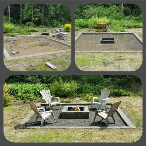 Backyard Fire Pit Square, Square Fire Pit Patio, Pea Gravel Fire Pit Area Square, Railroad Ties Landscaping Fire Pits, Airbnb Fire Pit Ideas, Square Outdoor Fire Pit Ideas, Rectangle Fire Pit Area, Square Fire Pit Ideas Backyard Seating, Square Gravel Fire Pit Area