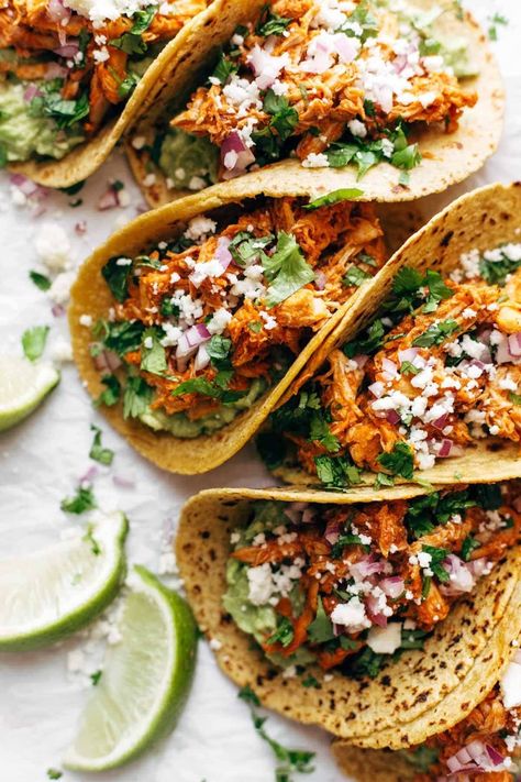 These Chicken Tinga Tacos are THE BEST! Saucy, spicy, real food perfection. Includes directions for the Instant Pot. #tacos #chickentacos #chickentinga #instantpot #chickenrecipe #easydinner | pinchofyum.com Instant Pot Tacos, Chicken Tinga Tacos Recipe, Chicken Tinga Tacos, Tinga Tacos, Chicken Tinga, Spicy Tacos, Best Chicken, Chicken Avocado, Chicken Tacos