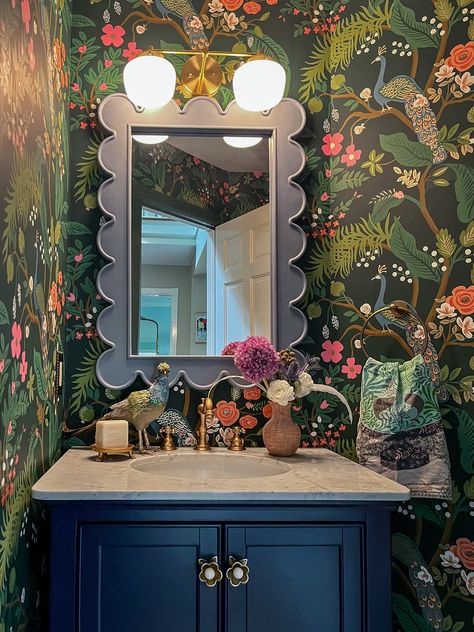 Peacock Bathroom, Casa Casuarina, Transitional Powder Room, Peacock Wallpaper, Living Room Transitional, Recessed Panel Cabinets, Tropical Bathroom, Budget Blinds, Eclectic Bathroom