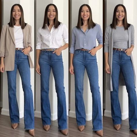 Casual Business Jeans Outfit, Jeans For Office Outfit, Smart Casual Jeans Outfit Women, How To Wear Jeans To Work, Smart Casual Work Outfit Women, Business Casual Jeans, Styling Jeans, Flare Jeans Outfit, Business Professional Outfits