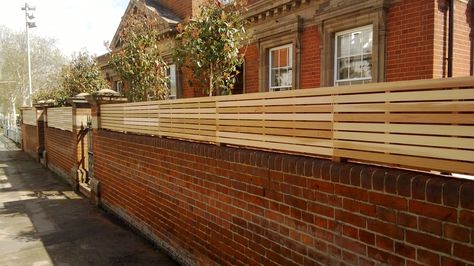 Slatted panels fixed to the top of a wall Garden Wood Panelling, Slatted Garden Fence, Pergola With Slatted Sides, Slatted Trellis On Fence, Slated Fencing, Horizontal Fences, House Frontage, Slatted Fence, Backyard Wall