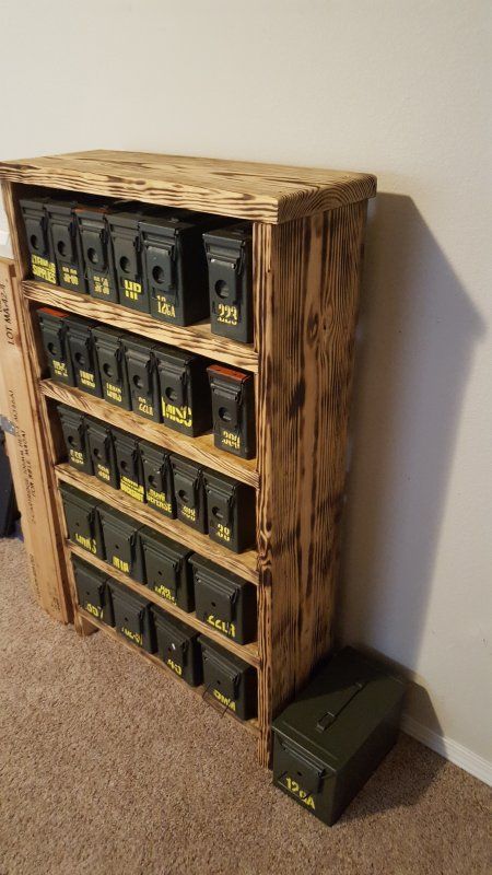 Ammo Can Storage shelf: finish? | Page 3 | Oklahoma Shooters Reloading Room Organization, Tactical Storage Ideas, How To Organize Hunting Gear, Crossbow Storage Ideas, Hunting Room Organization, Hunting Organization Storage, Man Cave Storage Ideas, Hunting Storage Room, Hunting Storage Ideas