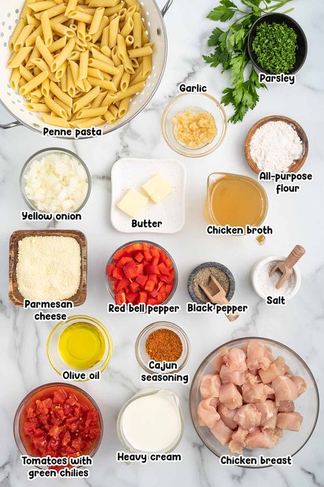 Cajun Chicken Pasta ingredients. How To Make Cajun Chicken Pasta, How To Make Cajun Pasta, Chicken Rotel Pasta Recipes, Grill Chicken Pasta Recipes, Chilis Cajun Chicken Pasta Copycat, Chillis Cajun Chicken Pasta, Chicken Cajun Pasta Recipes, Red Sauce Chicken Pasta, Easy Cajun Pasta