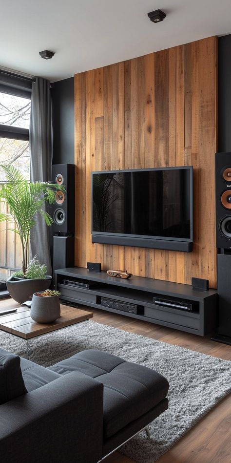 Black And Wood Tv Wall, Elegant Tv Room, Beige Tv Wall, Tv Wood Wall Ideas, Tv Unit Design For Living Room, Dark Tv Wall, Wood Wall Living Room, Black And Wood Living Room, Male Apartment Decor