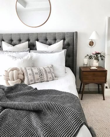 pinterest: chandlerjocleve instagram: chandlercleveland Grey Bed Frame, Contemporary Bedroom Design, Grey Headboard, Upholstered Panel Bed, Grey Bedroom, 아파트 인테리어, Simple Bedroom, Contemporary Bedroom, Modern Bed