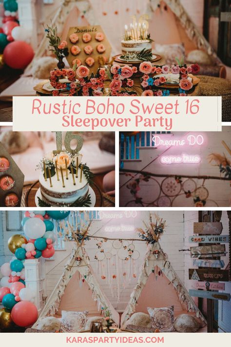 Sweet 16 Sleepover Decorations, Boho Sleepover Party Ideas, Glamping Sweet 16 Birthday Party, Boho Party Activities, Sweet 16 Glamping Bday Party, Boho Slumber Party Ideas, Boho Sweet 16 Party Ideas, Boho Chic Birthday Party Ideas, Boho 13th Birthday Party Ideas