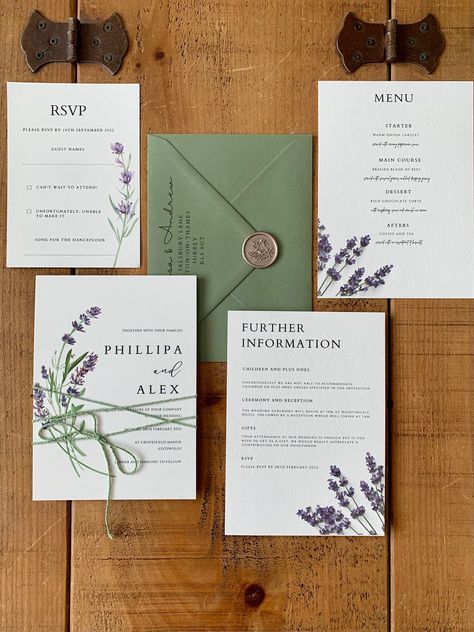 Boho Lavender Flowers Wedding Invitation Suite with Menu choices and Details Insert. Printed Wedding Invitations with printed address.  Option 1 - Main Invite (+ Outer Envelope + Wax Seal) Option 2 - Main Invite + Details Card (+ Outer Envelope + Wax Seal) Option 3 - Main invite + Details Card + Menu + Double sided RSVP with Menu Choices (+ Outer Envelope + RSVP Envelope + Wax Seal) If you require a different colour envelope, please get in touch as we have some other options available.  Invitati Forest Green Lavender Wedding, Wedding Invites Lavender, Lavender And Sage Wedding Invitations, Green And Purple Wedding Invitations, Sage Green Lavender Wedding, Lavender Flowers Wedding, Weding Invitation, Envelope Wax Seal, Lavender Wedding Invitation